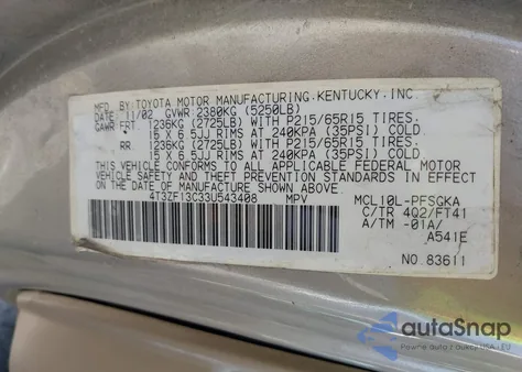 2003 Toyota Sienna Le из США, поврежденный, VIN 4T3ZF13C33U543408